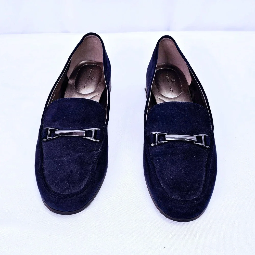 Bandolino Navy Suede Loafer Women's Size 6.5 M Silver Bit Slip On Block Heel - Picture 3 of 8